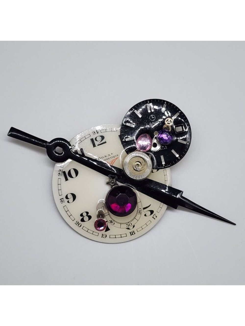 Steampunk Inspired Brooch Vintage Watch Parts Pin Purple & Pink Gemstone